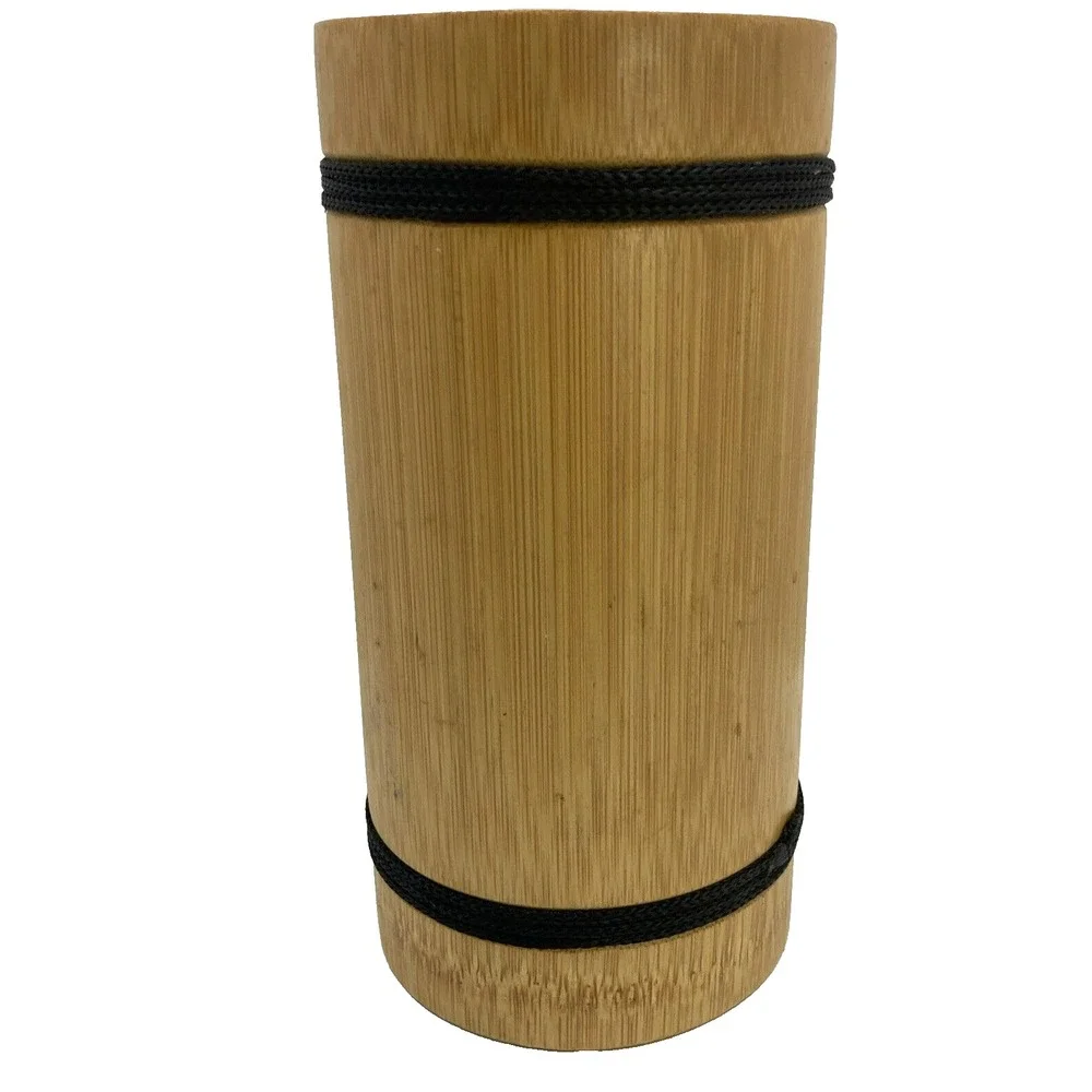 Natural Bamboo Cylinder Vase Decorative Container with Black Cord Accents 7.25in